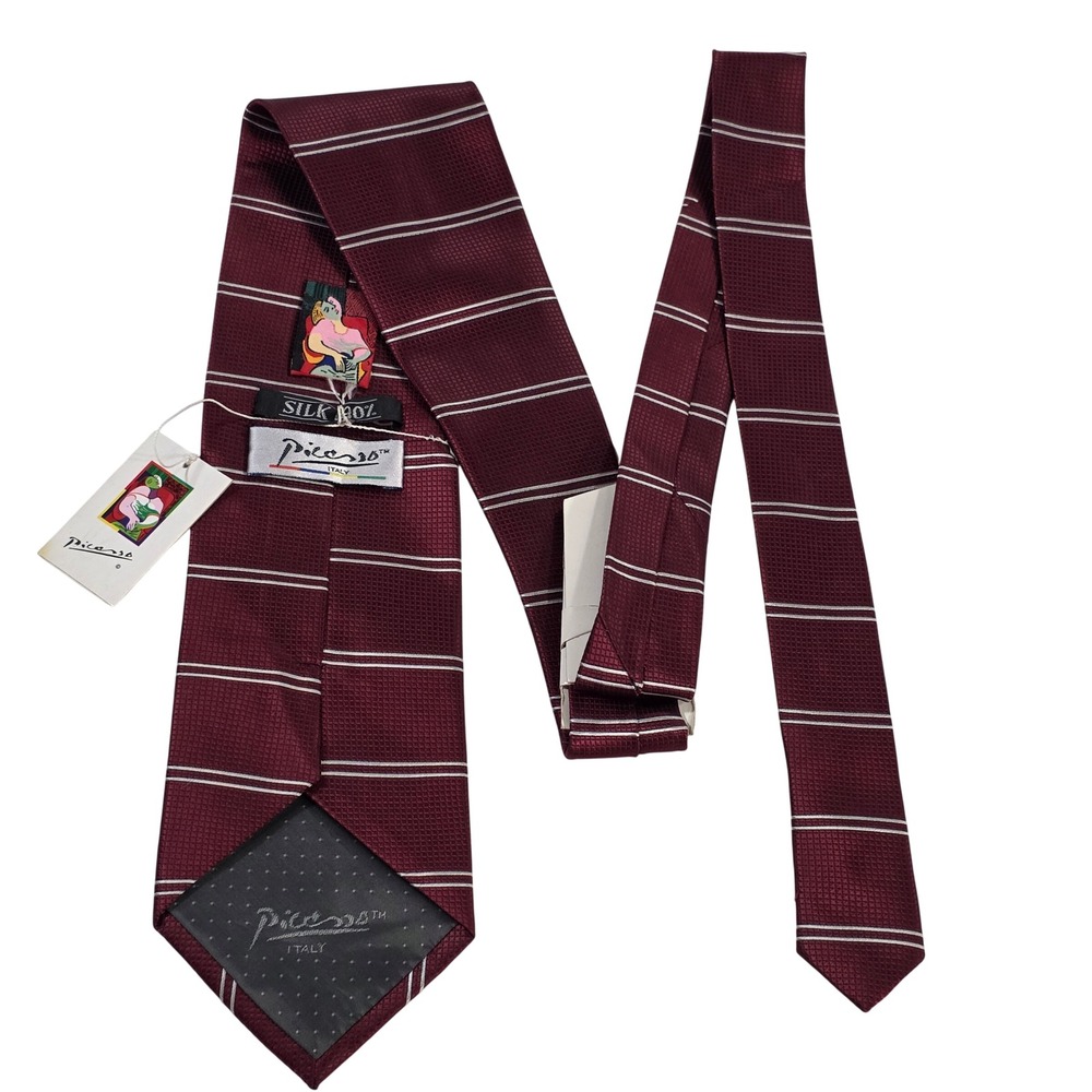 Picasso Mens Burgundy Striped Silk Necktie Hand Made Italy Art Label New